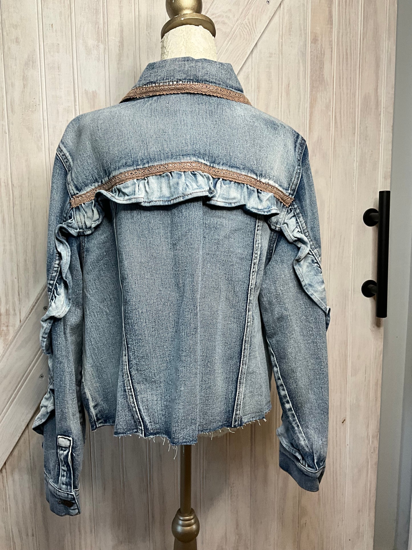 Denim Jacket with Lace Flower Accents