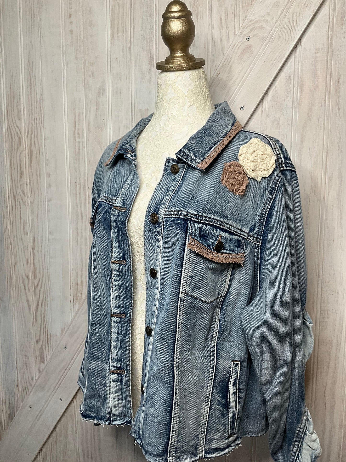 Denim Jacket with Lace Flower Accents