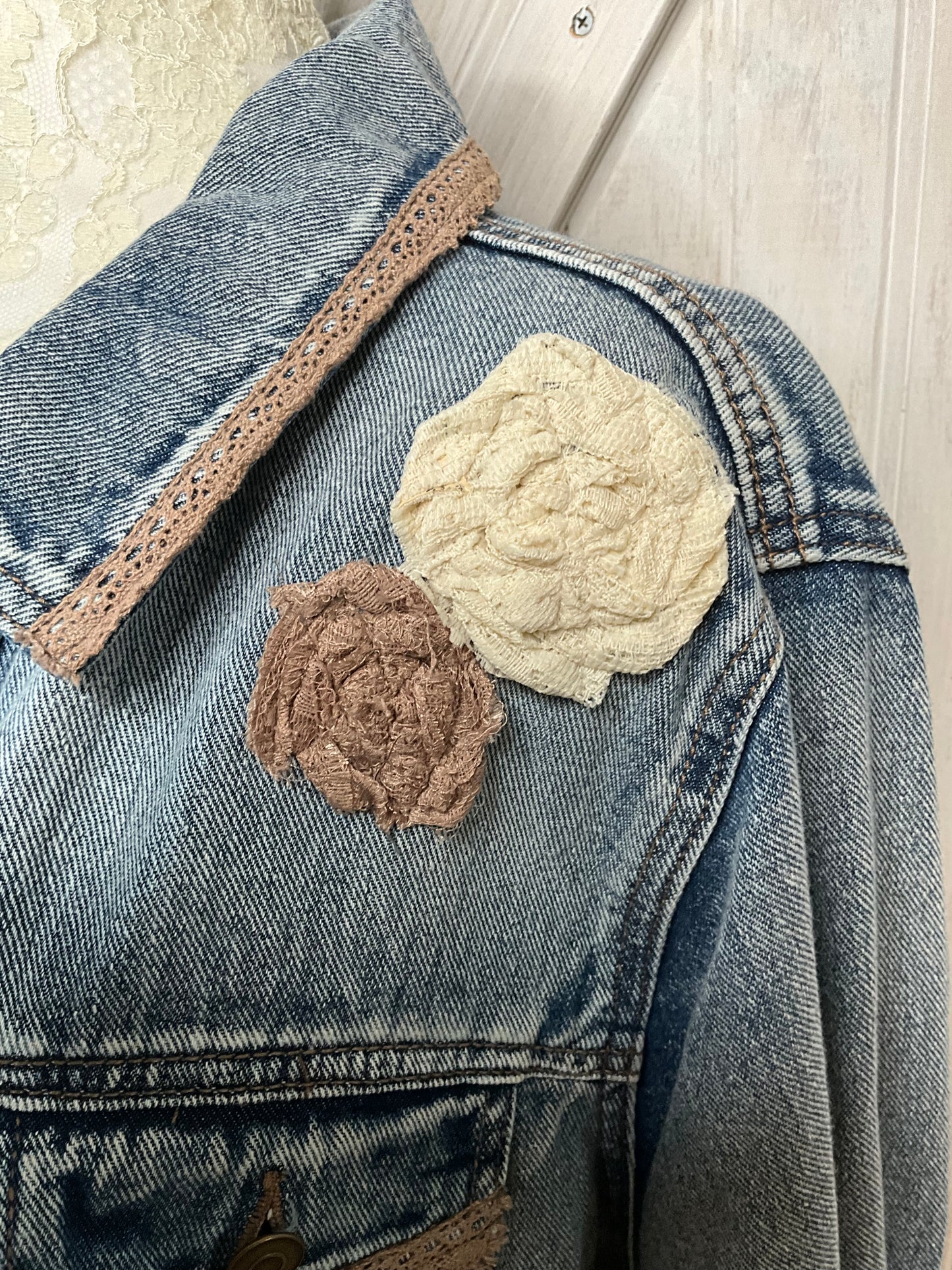 Denim Jacket with Lace Flower Accents