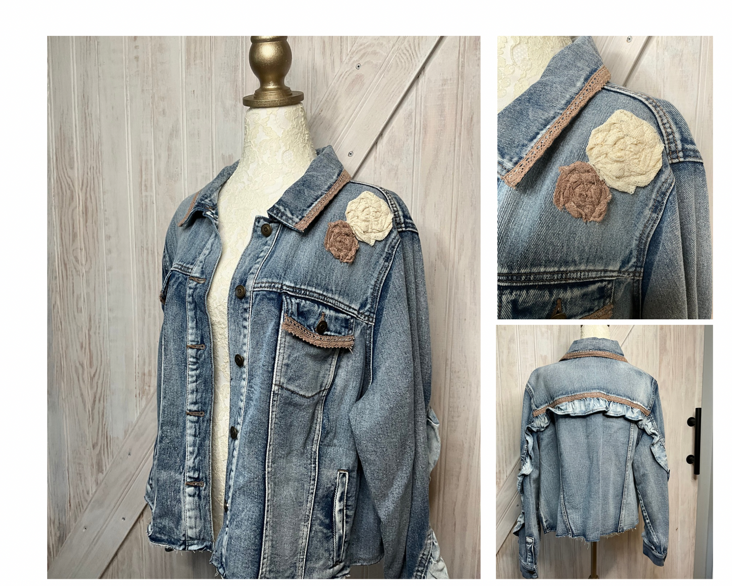 Denim Jacket with Lace Flower Accents
