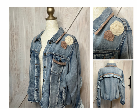 Denim Jacket with Lace Flower Accents