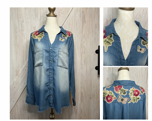 Denim Floral Applique Shirt